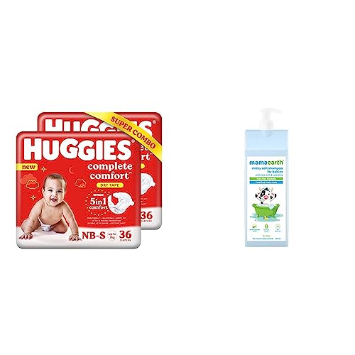 Image of Huggies Complete Comfort Dry Tape Newborn - Small (NB-S) Size Baby Tape Diapers, Combo Pack of 2, 36 count per pack, 72 count & Mamaearth Milky Soft Shampoo with Oats, Milk and Calendula (400 ml)