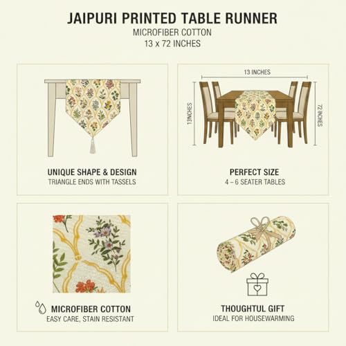 Image of COZY FURNISH Luxury Floral Table Runner for Dining Table - Soft Microfiber Cotton Bed Runner with Tassels | Decorative Runner for Kitchen, Bedroom & Centre Table