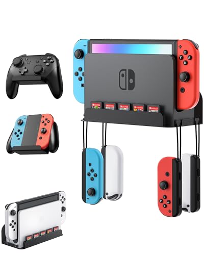 ZAONOOL Wall Mount for Nintendo Switch and Switch OLED with 2 Controller Wall Holders, Metal Wall Mount Kit Stand with 5 Game Card and 4 JoyCon Shelfs, Safely Store Console Near or Behind TV, Black