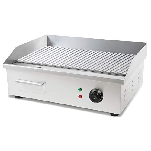 vertes Elektro-Grillplatte, geriffelt (3000W, 300 °C Maximaltemperatur, Fett-Auffangbehälter, Gusseisen Grillfläche, rutschfeste Gummifüße)