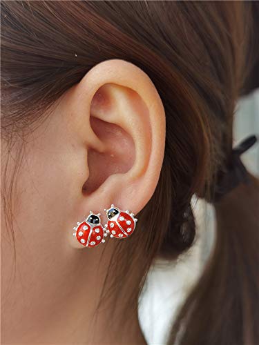 Cute Ladybug Tiny Stud Earrings for Women Girls 925 Sterling Silver Hypoallergenic Dainty Red Bugs Black Head Small Lucky Post Tragus Fashion Animal Jewelry Birthday Christmas Gifts for Daughter3