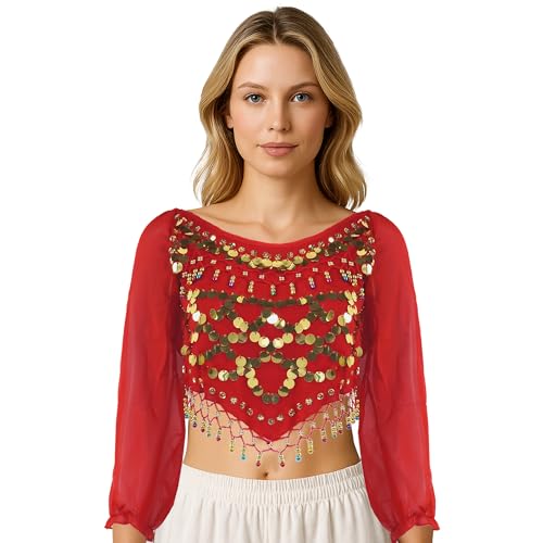 MUNAFIE Dance Top Genie Top Belly Dance Top Long Sleeves Strap type without Chest Pad Arabian Nights Outfit for Women 2 Hot red