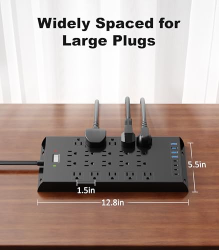 Image of Surge Protector Power Strip 4800J, LeZone 10Ft Long Extension Cord Flat Plug, 20 Outlets 4 USB-A 4 USB-C Ports, Wall Mountable, Home Office Dorm Essentials, Black
