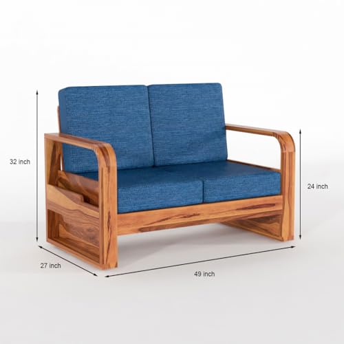 Image of Sheesham Wooden 2 Seater Sofa for Living Room | Solid Wood Sofa with Side Pocket Storage & Cushion | Rosewood Sofa Set for Home & Office | Lounge (Honey with Blue Cushion, 2 Seater)