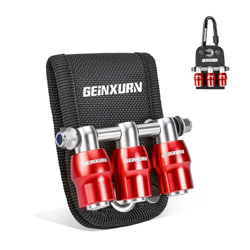 Geinxurn 3Pcs One Hand Quick Release Red Bit Holder Set, Belt Clip Organizer with Double Lock Aluminum Catcher & Polyester Fabric Key Chain Tool Kit for DIY & Outdoor Work