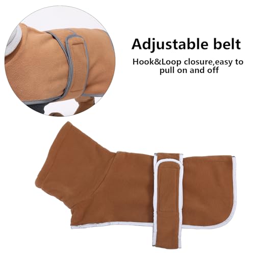 MOREZI Winterhundejacke mit wattiertem Flusenfutter, verstellbarem Klettknopf und hochklappbarem Stehkragen. Sehr gut geeignet für Dackel und kleine und mittelgroße Jagdhunde-Braun-S