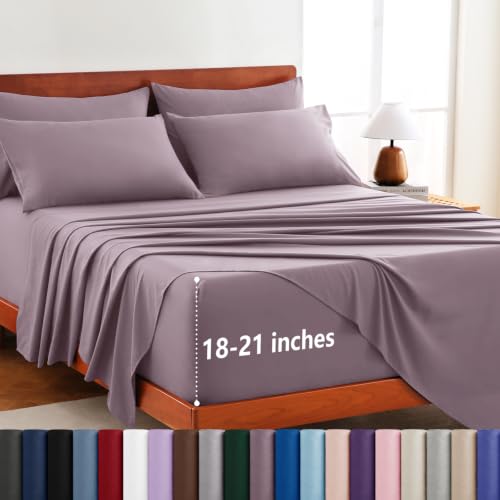 Image of CozyLux 6-Piece Cal King Sheet Set, Fits 18-21 Inch Mattresses, Oeko-TEX | 4 Pillowcases, 1 Flat Sheet and 1 Fitted Sheet with All-Around Elastic and 21-Inch Deep Pocket for a Secure Fit, Dusty Purple