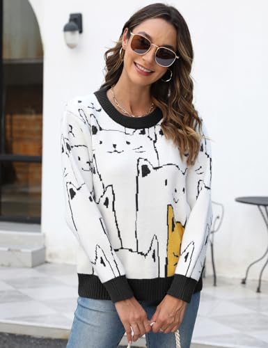 Image of Yimoon Cat Sweater for Women Oversized Chunky Sweater Loose Long Sleeve Knit Pullover Sweater Top(Black-M)