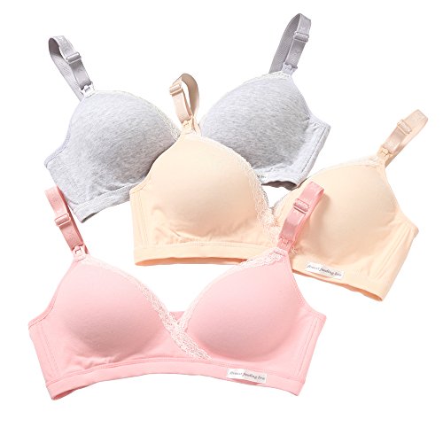 kapoki Women's Nursing Bra Lace Edge Cotton Seamless Maternal Postpartum No Rims 2 Breastfeeding Systems Bras, 3pcs/Pack Skin Pink Grey, Label 38 / US M