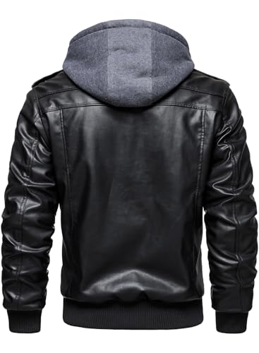 Image of HOOD CREW Men's Casual Stand Collar PU Faux Leather Zip-Up Motorcycle Bomber Jacket With a Removable Hood