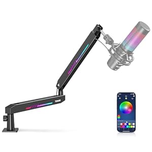 TONOR RGB Gaming Mic Arm, Low Profile Microphone Boom Arm with controllable RGB Light, Mic Stand with Cable Management, 3/8″, 5/8″ and 1/4″, Adapter, Perfect for Streaming, Studio, T90LP