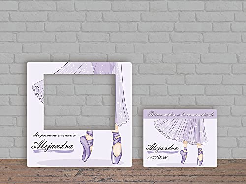 Oedim Photocall Infantil Comunión Ballet Morado Personalizado, 100x100cm, Eventos o Celebraciones puntuales, Ventana Troquelada, Photocall Divertido