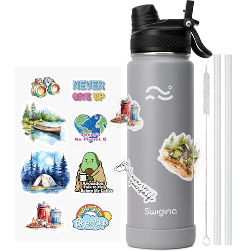 Image of Swigina [2-IN-1 LID] Insulated Water Bottle with Silicone Boot (36hrs Cold /18hrs Hot) - DIY Stickers, Leakproof, BPA Free, 24 oz