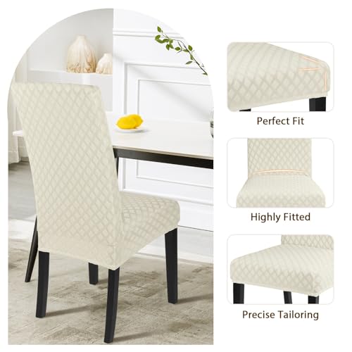Image of SearchI Dining Room Chair Covers Set of 4, Stretch Jacquard Parsons Chair Slipcovers Super Fit Removable Washable Kitchen Chair Protector Cover for Dining Room, Hotel, Ceremony (Cream)