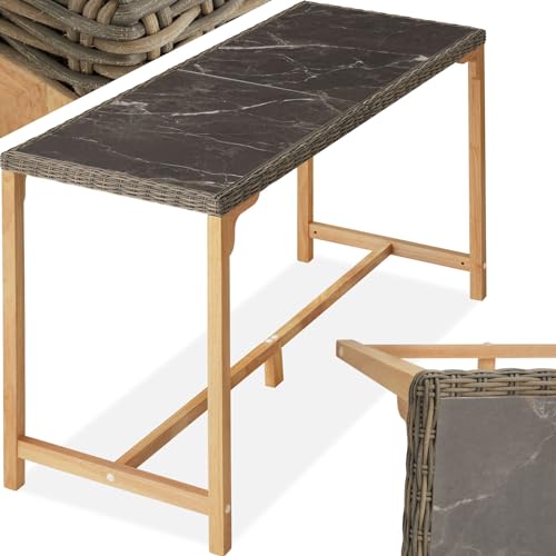 tectake® Table de Bar Haute Extérieur en Résine Tressée & Grès cérame Fin marbré Résistante aux intempéries pour Salon de Jardin, Structure en...
