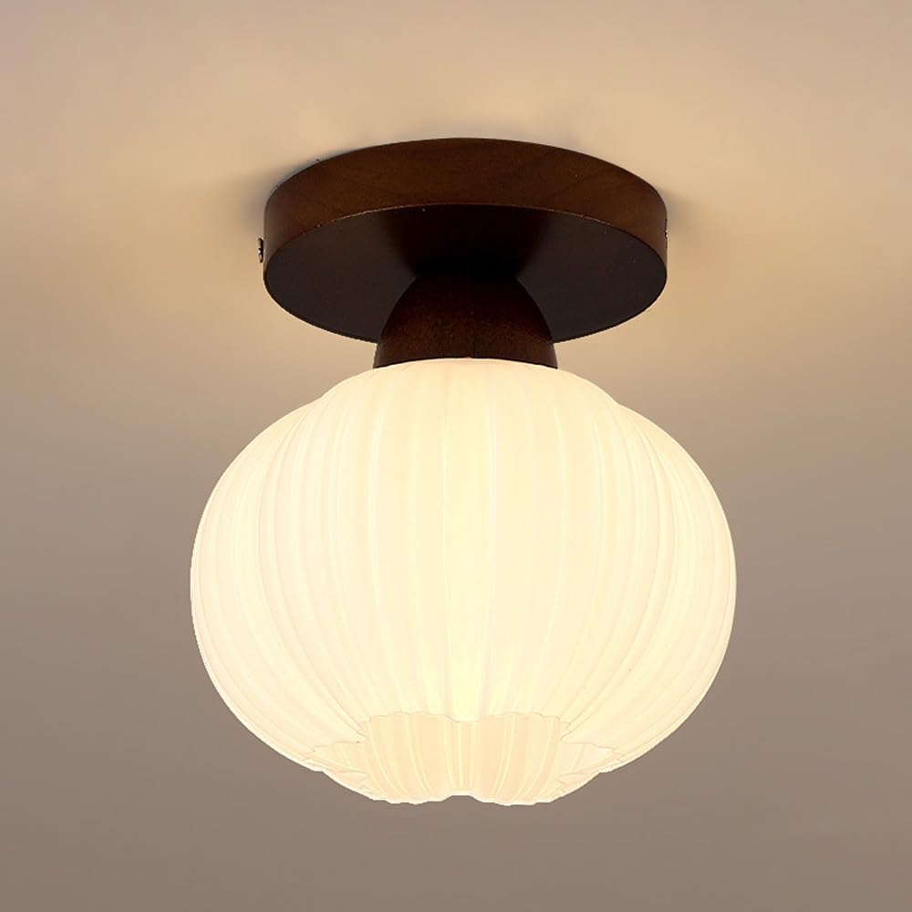ITOSUI Wood Ceiling Light, Flush Mount Ceiling Lamp, Pumpkin Acrylic Fixture, Ribbed White Shade, Solid Walnut Wood Base, E26 Tri-Color, Nordic Style for Hallway, Aisle, Entryway(Walnut Wood Color)