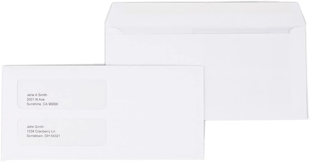 Staples Double‑Window Business Envelopes, White, Gummed Closure, 9" x 4.2", 1000/Pack