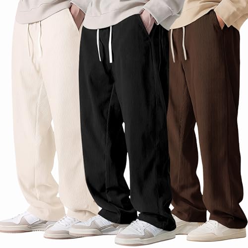 Image of Preneum Men Mid Rise Poly Cotton Loose Fit Trouser || Korean Style Travel & Lounge Wear with Pockets (Available in Plus Size) (Combo Pack of 3)