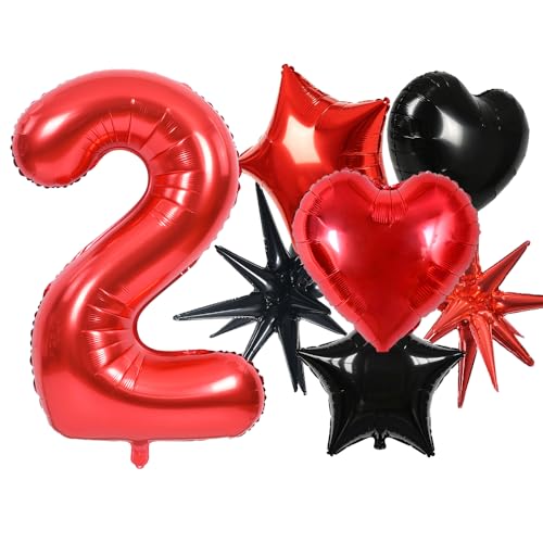 Image of TONIFUL 2nd Birthday Balloons Kit 40 Inch Red Large Number 2 Foil Balloon | with 18Inch Helium Mylar Heart Star Balloons for Kids Women Men Birthday Anniversary Graduation New Year Eve Party Decoration