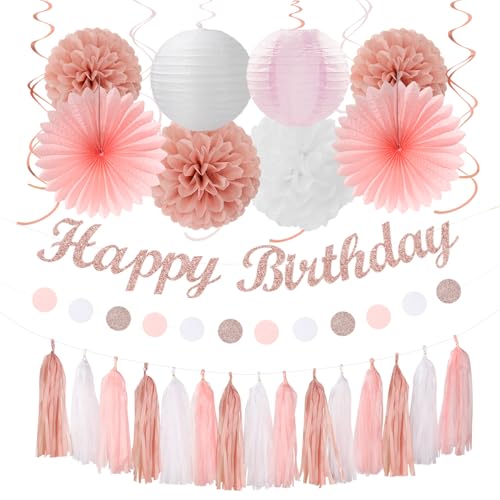 Décorations de fête d'anniversaire Hugmoon avec pompons et lanternes en papier