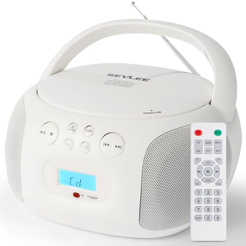 Portable CD Player Boombox Bluetooth 5.4, USB FLAC/MP3, Remote & Sleep Timer, Resume Playback, AM/FM Radio, Battery/AC Powered, Headphone & AUX (SEVLEE Cream White)