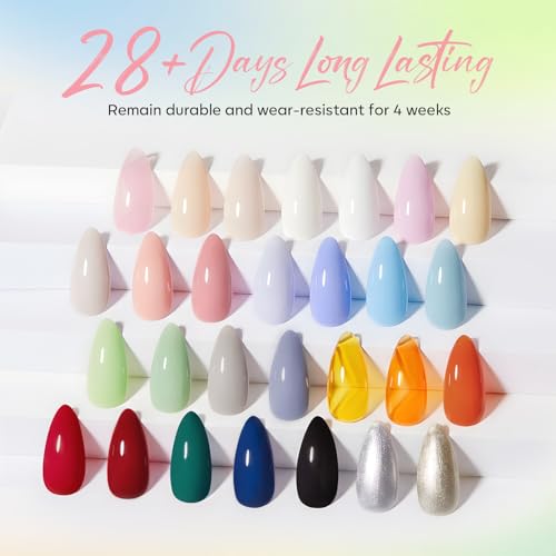 Image of Modelones 32 PCS Gel Nail Polish Set, 28 Colors Summer Gel Polish with No Wipe Base Coat, Glitter & Glossy & Matte Top Coat Nude Pink Blue Purple Green Black Brown Gray LED Nail Art kit Salon DIY Gift
