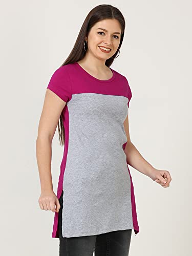 Image of FLEXIMAA Women's Cotton Round Neck Color Block Half Sleeve Long Top