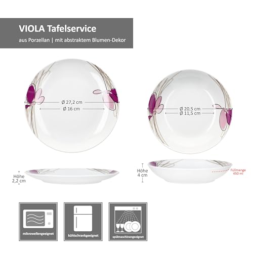 MamboCat Viola 12tlg Tafelservice I Porzellan-Geschirr mit Blumen-Dekor für 6 Personen I 6x Suppenteller & 6x Speiseteller für Frühstück, Mittag & Abendbrot