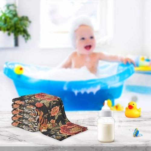 Image of vvfelixl Tiger Bee Flower Baby Burp Cloths Baby Muslin Washcloths for Boys Girls Cotton Babys Face Towel for Newborn Infants Soft and Absorbent 11.8 X 11.8 in, 5 Pack