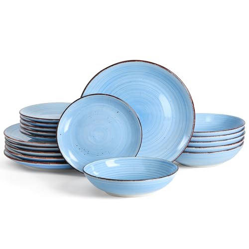 Image of Dinnerware Sets for 6, 18 Piece Stoneware Plates and Bowls Set, Blue | Dishware Sets Kitchen, Chip & Scratch Resistant Ceramic, Microwave & Dishwasher Safe