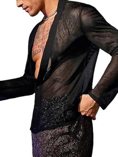 Men's Mesh Sheer Solid Long Sleeve Deep V Neck Button Down Party Shirts Summer Tops3
