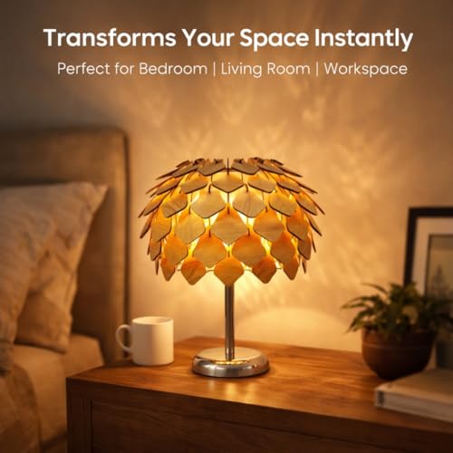 Image of Handcrafted Wooden Table Lamp, Minimalist Lighting for Bedroom, Living Room & Office, Eco-Friendly Desk Lamp, LED Bulb Compatible, Rustic Home Decor Accent Light (Pinecone)