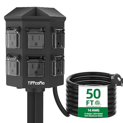 TiFFCOFiO Outdoor Power Strip Weatherproof, 50 FT Extension Cord with Power Stake, 6 Grounded...