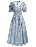 Women's Boho Floral Short Sleeve V Neck Dress Vintage A Line Midi Dress M Floral-Blue