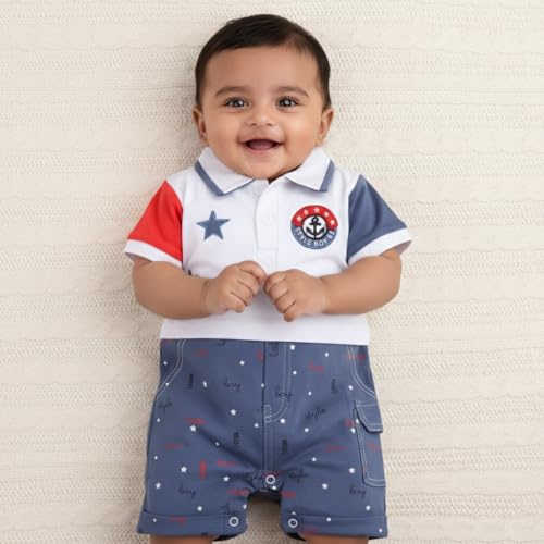 Image of BABY GO Baby Boys & Baby Girls Cotton Romper | Half Sleeve Polo Collar Jumpsuit | Newborn Infant Summer Outfit with Button Closure | Soft Breathable Playsuit | Stylish Print One Piece Dress