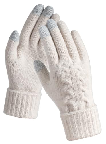 TRENODUX Thermo Handschuhe Damen Winter, Verdickt Warme Kaltes Wetter Damenhandschuhe Mit Verlängerte Manschetten, Elastisch Gefüttert Touchscreen Winterhandschuhe - Weiß