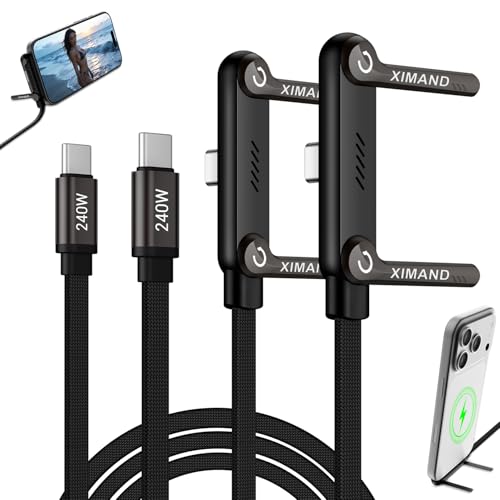 Image of Invisible Holder Charger Cable, 240W Fast Charging Cord, USB-C to USB-C Cable 1.5 M /4.9 FT with 360 Adjustable Metal Stand, 2 in 1 Holder Charger for Gaming, Office, Home, Black, 2 PACK