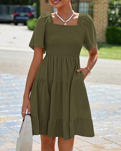 Image of BTFBM Womens Summer Smocked Mini Dress Spring Square Neck Flutter Sleeve Casual Ruffle Swing Boho Beach Dresses Pockets
