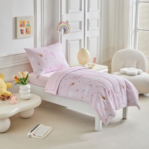 Image of Unicorn Toddler Bedding Set for Girls Pink Unicorn Stars 4PC Toddler Bed Set - Soft Castle and Sky Cute Princess Toddler Bed in a Bag with Pink Sheet Set and Pillow Shams