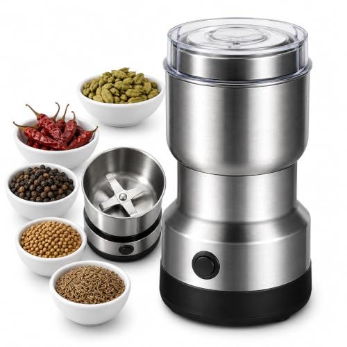Image of Powerful Electric Spice and Coffee Grinder - High-Speed Stainless Steel Blade Nut & Grain Mill - One-Touch Portable Grinding Machine for Dry Masalas, Coffee Beans, Herbs, and Seeds