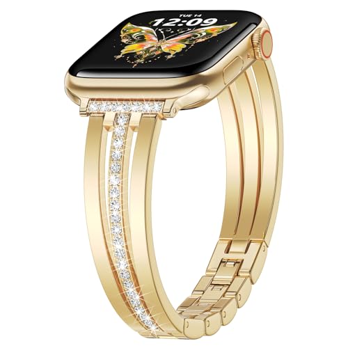 Image of AIRSPO Slim Gold Band Compatible with Apple Watch 42 /44 /45 /46mm Women Thin Metal Strap Dressy Jewelry Bracelet with Bling Diamond for iWatch Series 10-3 /SE (Gold, 42 /44 /45mm)