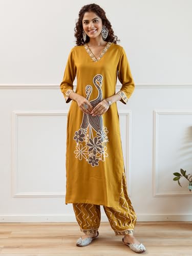 Image of INDO ERA Women's Viscose Rayon Embroidered Straight Kurta With Pant Set (IEOUT6942)
