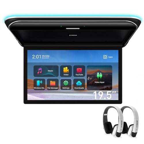 XTRONS Android Car Overhead Player 19.5 Inch Wide IPS Screen 8K Video Car Roof Mount Monitor Built-in Stereo Speakers Flip Down Overhead Car Monitor Support HDMI, USB, 2 White IR Headphones Included