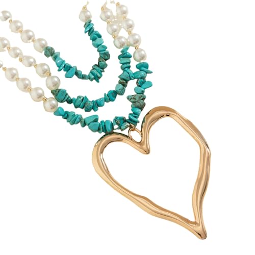 Collier géométrique cœur vintage en métal et perles d'imitation de prestige