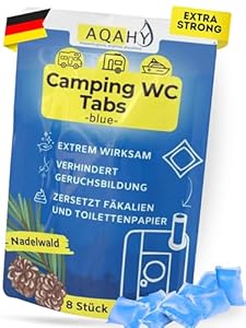 AQAHY Camping Toiletten Zusatz - Tabs blue extra stark – Nadelwald WC Drops - Chemietoilette Tabs entfernt unangenehme Gerüche - made in DE
