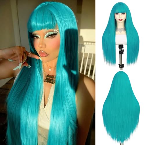Lady Hanne Teal Blue Wig with Bangs Long Straight Wigs for Women Natural Hair Wigs Synthetic Green Wigs 28 Inch Synthetic Heat Resistant Fiber Wig for Cosplay Daily Party Use