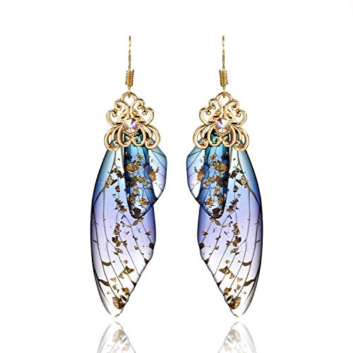 BELLA-Bee Butterfly Wing Drop Dangle Earrings Gold Plated Crystal Rhinestone for women girls wedding Jewelry (Blue)