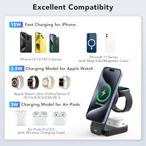 3 in 1 Wireless Charging Station Compatible with Apple Devices,Foldable Magnetic Wireless Charger for iPhone 15/14/13/12,Apple Watch Ultra 2/Ultra/Seires 9/8/7/6/5/4/SE/SE 2,Air-Pods 3/Pro/2(Black)