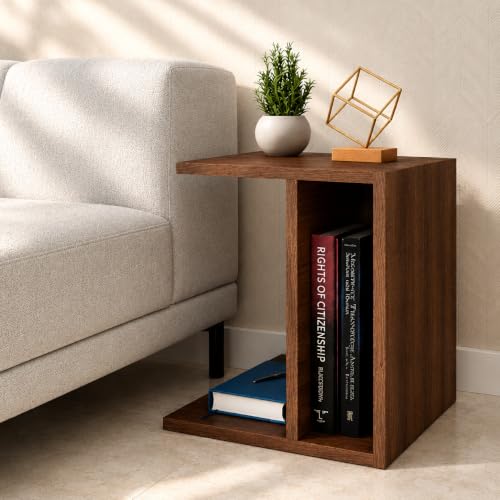 Image of ECOLINE End Table - Side Table Wooden for Bedroom and Living Room, Compact Nightstand with Shelf Storage, Small Bedside Table for Home, Modern Finish - Walnut Brown