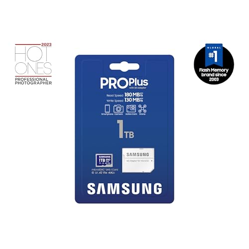 Image of SAMSUNG PRO Plus microSD Memory Card + Adapter, 1TB MicroSDXC, Up to 180 MB /s, Full HD & 4K UHD, UHS-I, C10, U3, V30, A2 for Android Phones, Tablets, GoPRO, DJI Drone, MB-MD1T0SA /AM, 2024